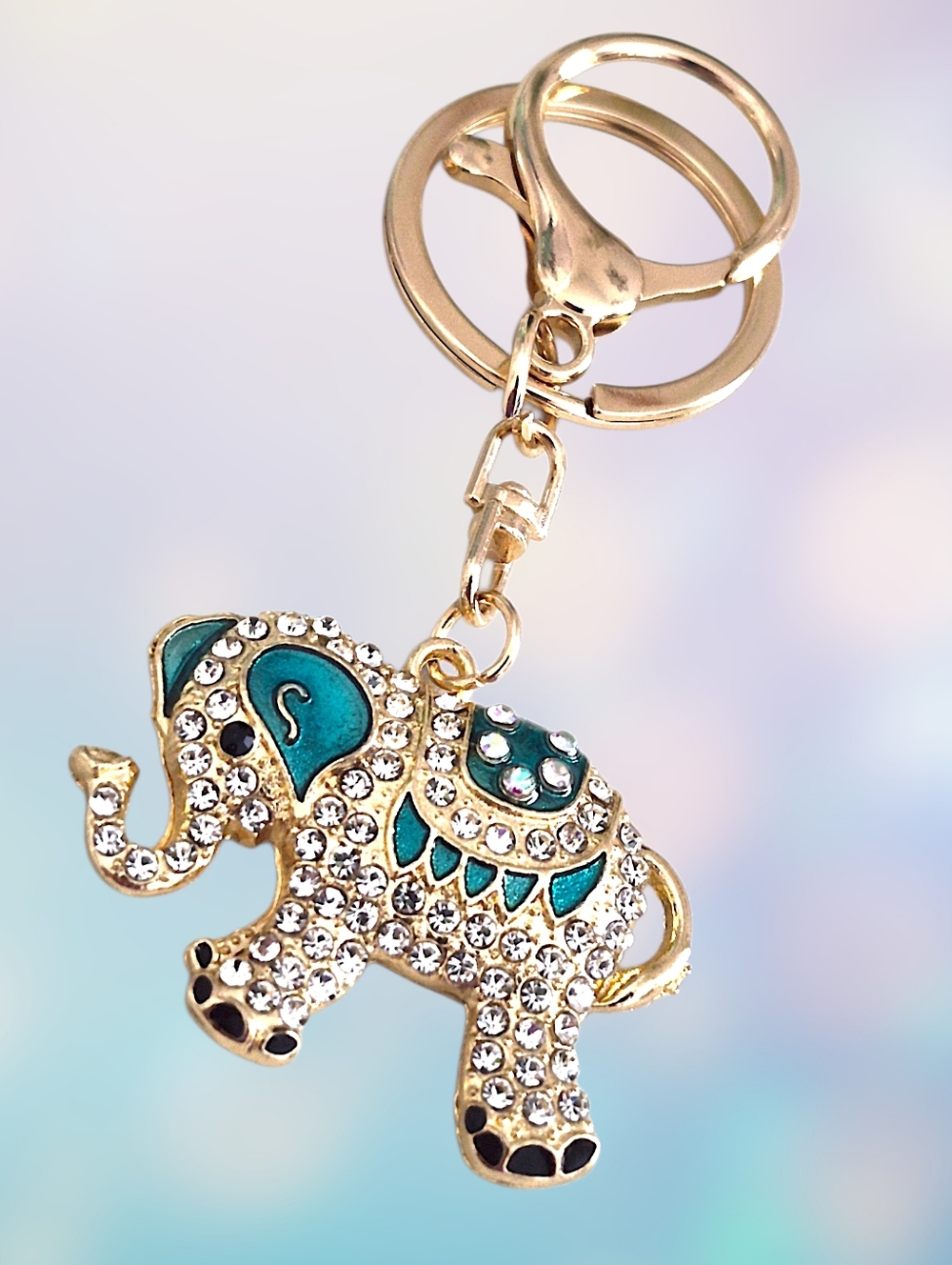 Jeweled Elephant Bag Charm / Keychain with Teal Enamel Accents